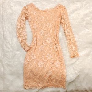 Backless and Beautiful all lace peach mini dress
